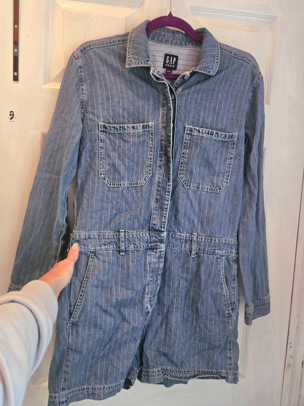 GAP Women's Blue Pinstripe Denim Romper Jacket